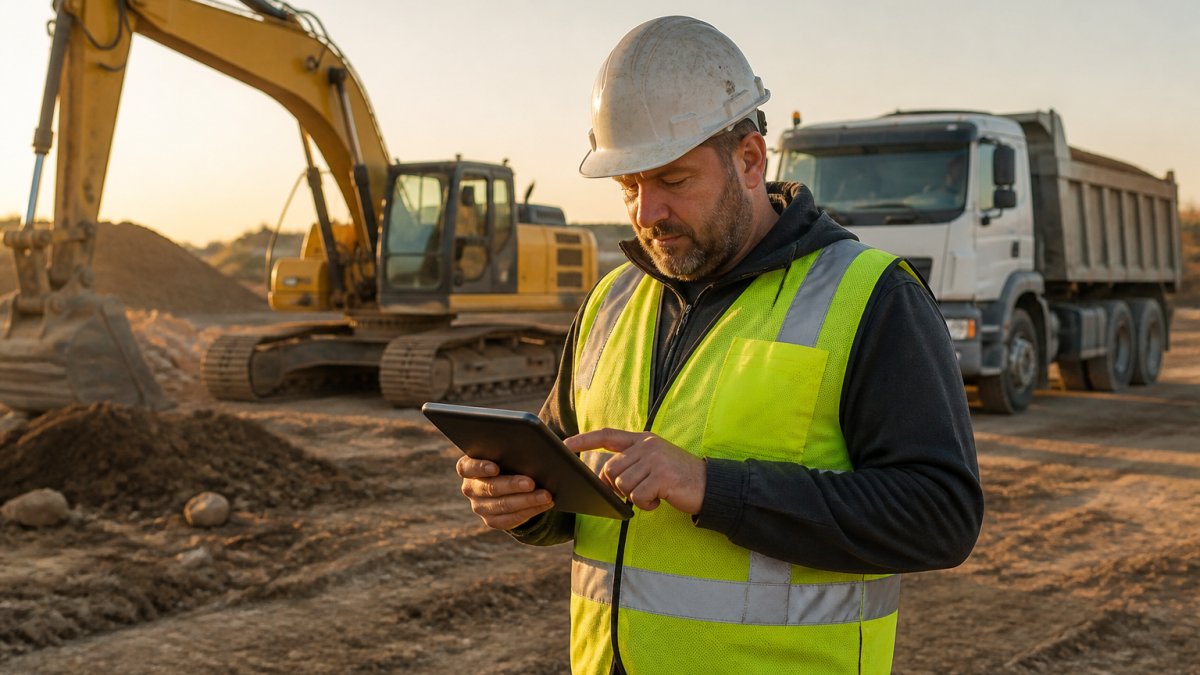 A construction business owner at a jobsite reviewing a payment schedule on a tablet with an excavator and dump truck parked behind him at golden hour