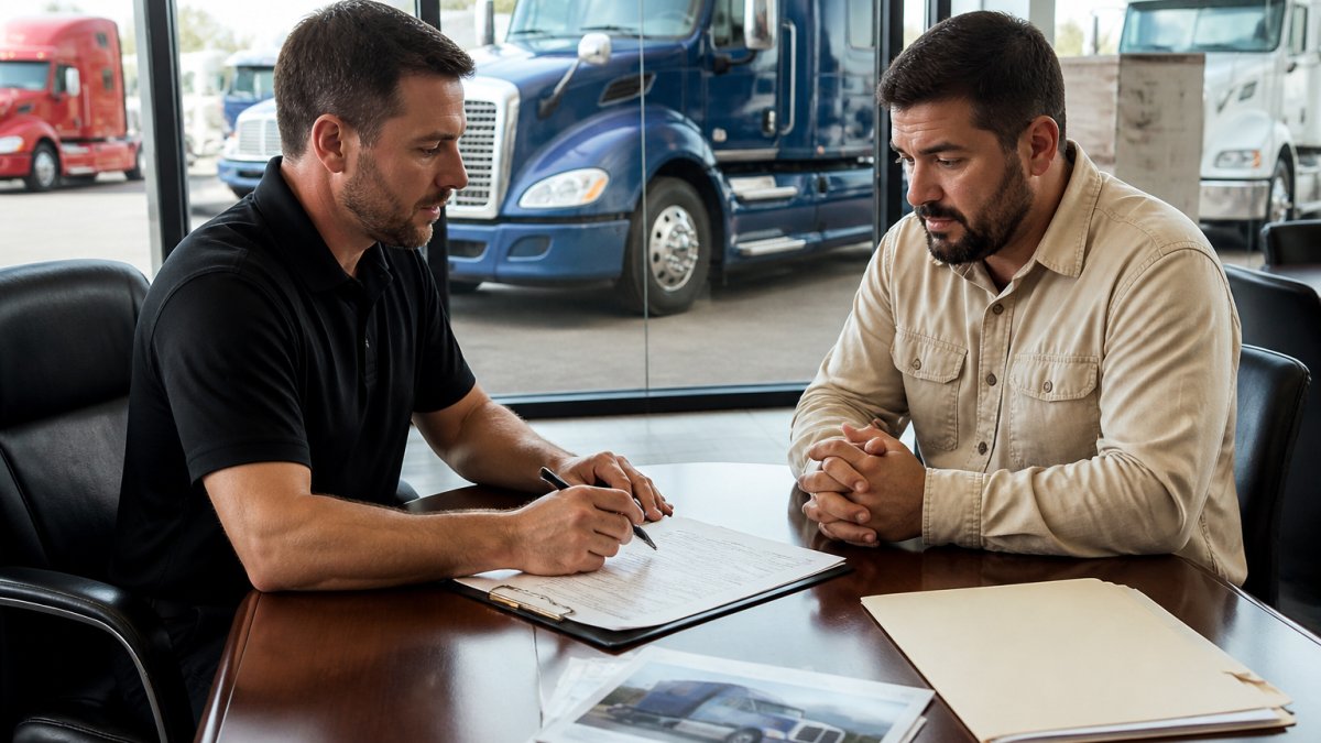 A truck dealership salesperson and a customer reviewing financing paperwork at a desk inside a showroom, with a semi-truck visible through the window behind them