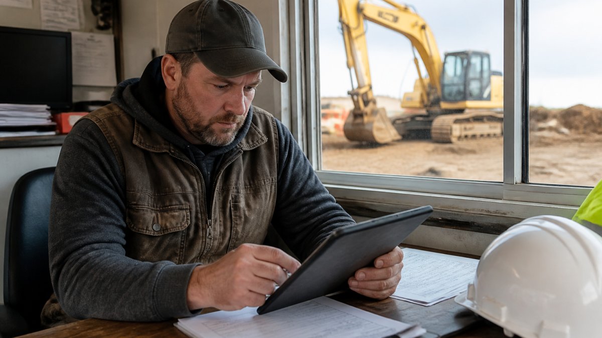 Construction business owner reviewing financing paperwork for soft credit pulls on a tablet inside a site trailer