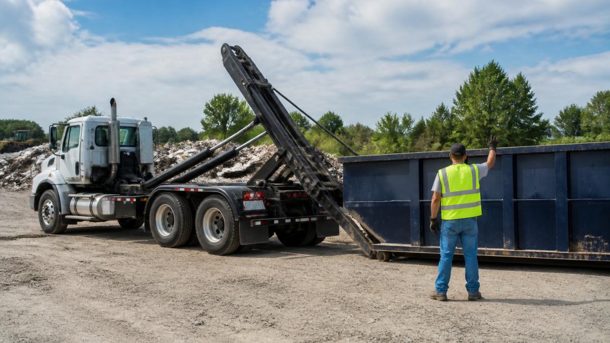 Driver in a safety vest guiding a cable hoist roll-off truck at a waste site, ideal for roll off truck financing.