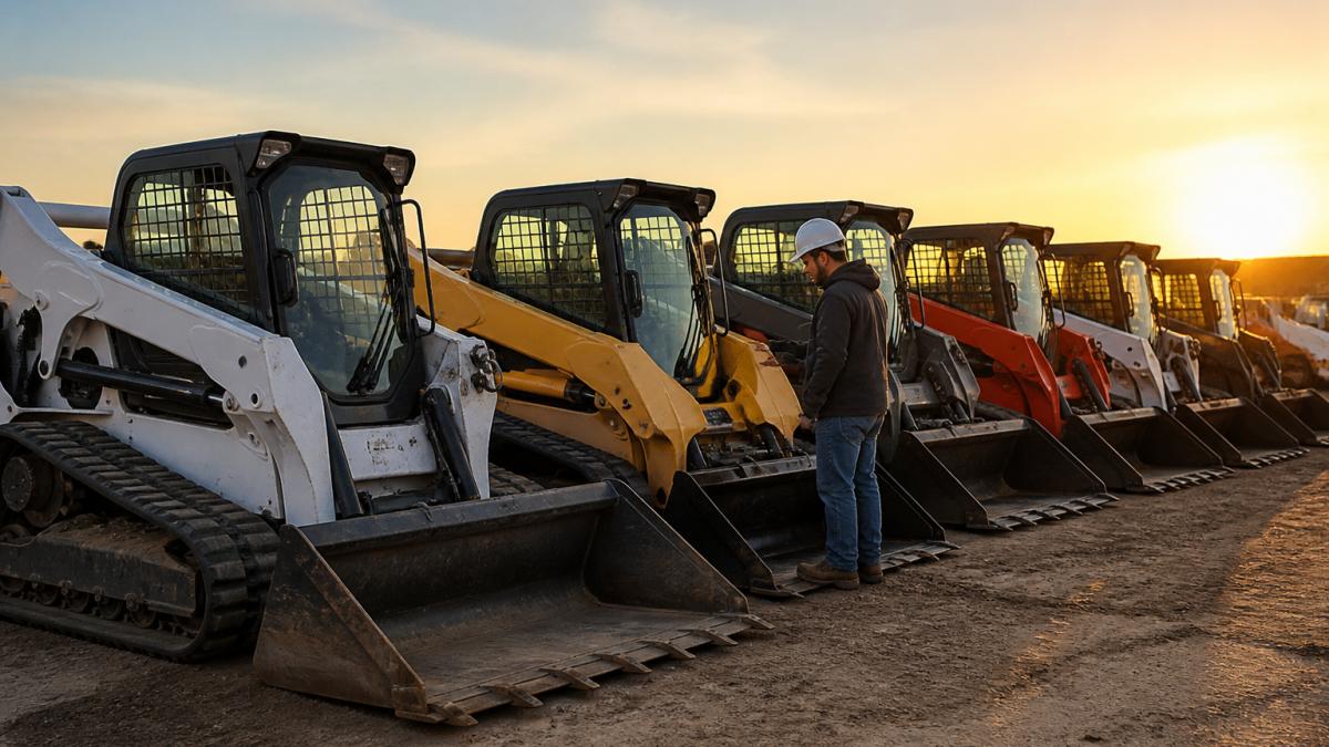 Contractor inspecting a row of skid steer loaders at a construction site while exploring skid steer financing.