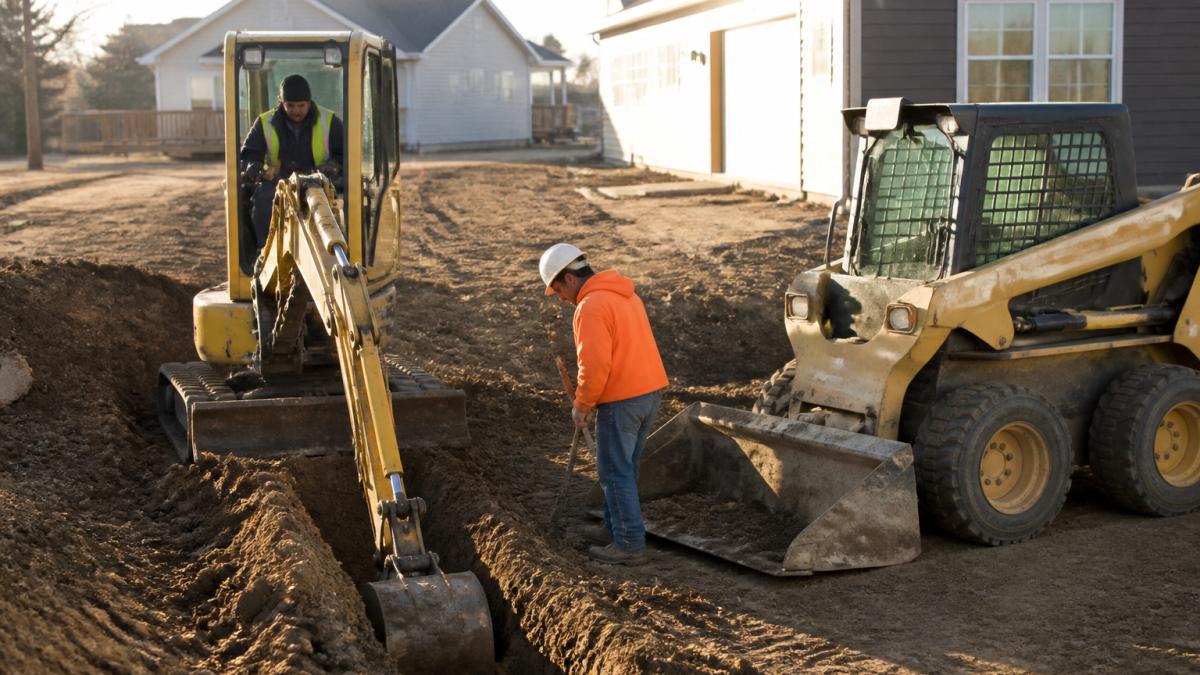 A small crew on a residential jobsite with a compact excavator digging a trench and a skid steer parked nearby, dirt and fresh grading visible, morning light
