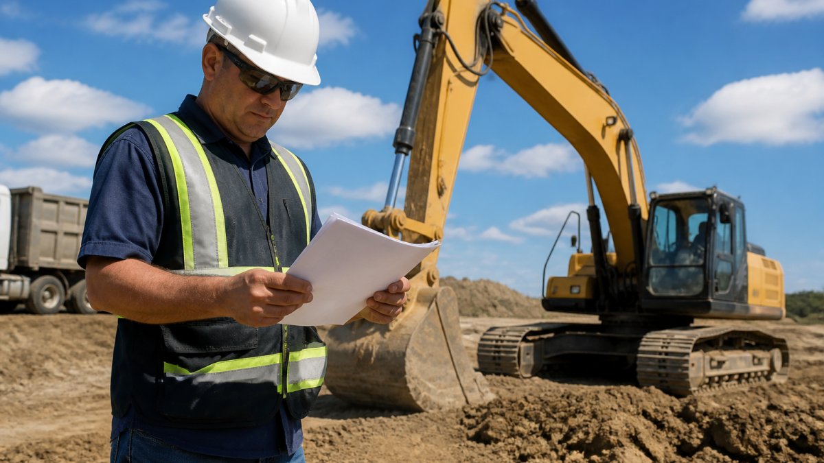 Construction foreman reviewing equipment financing paperwork beside a yellow excavator on a sunny site