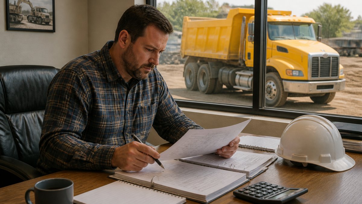Business owner reviewing paperwork for a dump truck down payment at a desk