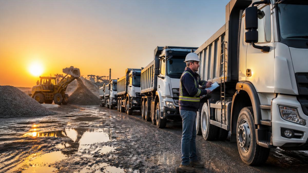 A line of dump trucks parked at a construction materials yard at sunrise, with a loader moving gravel in the background and a dispatcher reviewing a clipboard nearby