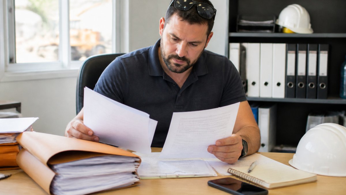 Construction business owner reviewing documents for equipment financing pre-approval at a bright office desk