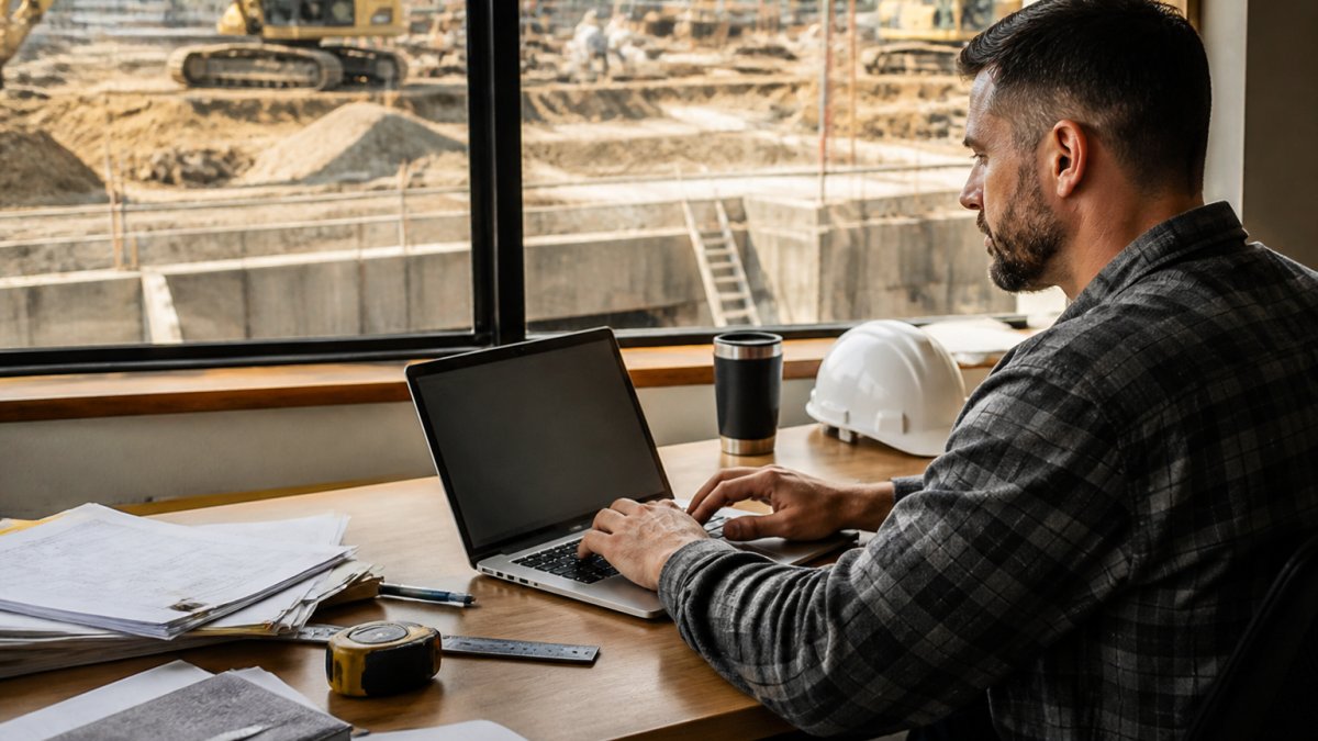 Business owner reviewing an online application for equipment loans on a laptop at a desk overlooking a construction site.