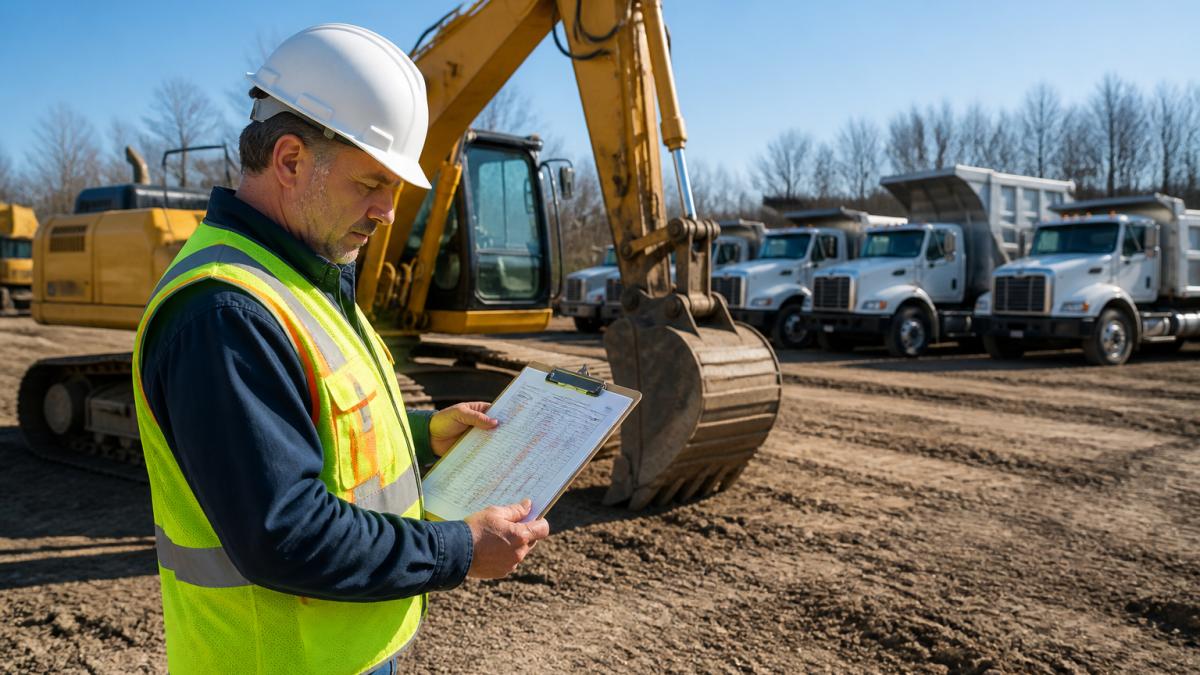 A construction site supervisor in a hard hat and safety vest reviewing a printed job schedule on a clipboard beside an idle excavator, with dump trucks parked in the background under clear morning light