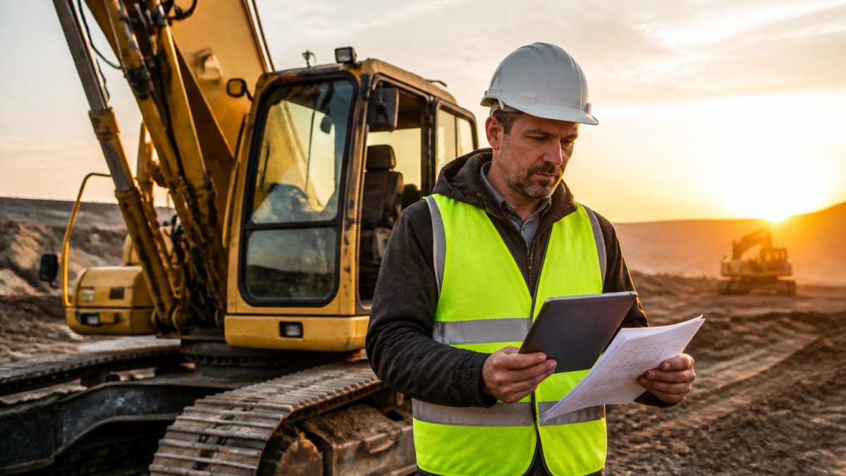 Foreman reviewing a heavy equipment financing approval on a tablet at a construction site sunrise.