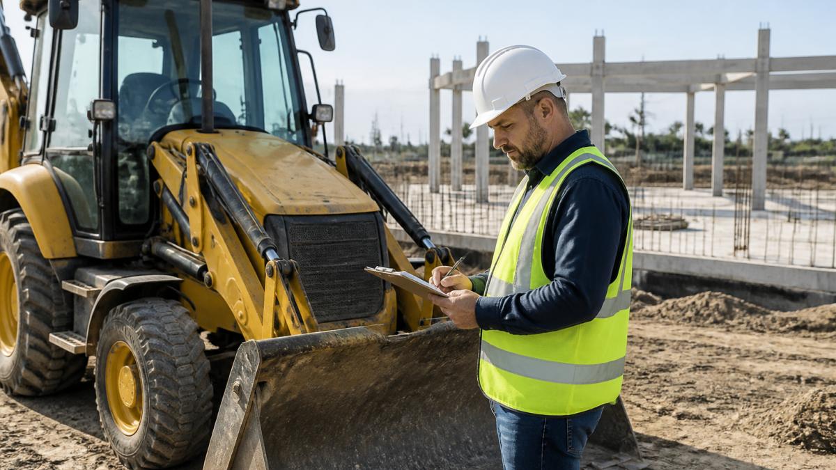 A construction site foreman in a hard hat and safety vest standing beside a yellow backhoe loader, reviewing paperwork on a clipboard with a partially built foundation in the background