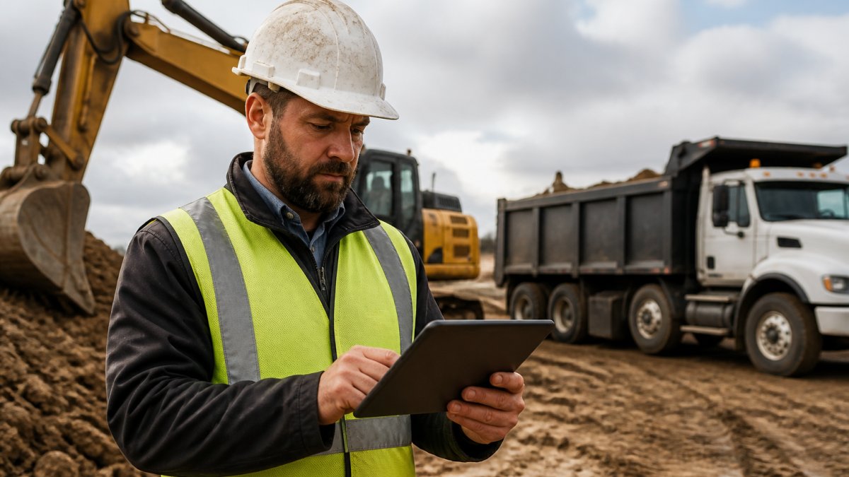 A construction site foreman in a hard hat and safety vest reviewing plans on a tablet, with an excavator and dump truck visible behind him in the background