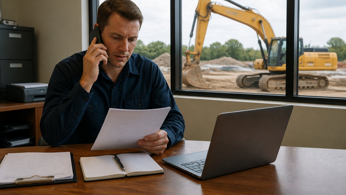 A broker in a work shirt reviewing a printed deal file and laptop at a desk, with a phone to one ear and a yellow excavator visible through the office window