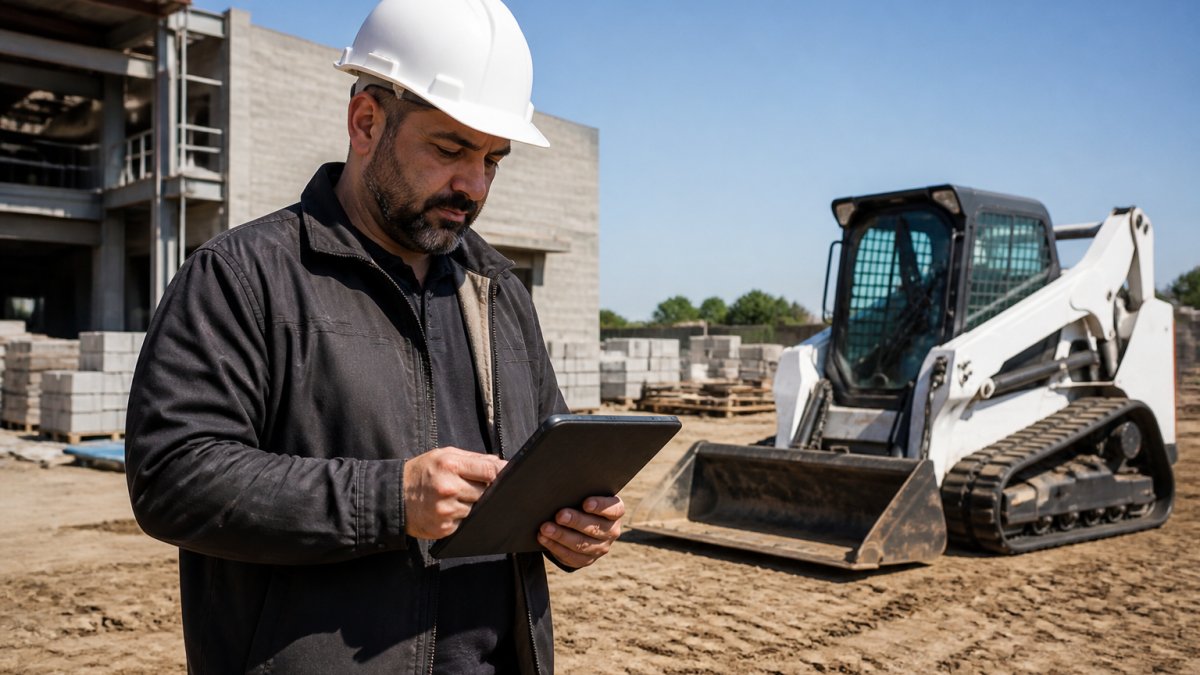 A construction business owner in a hard hat reviewing financing paperwork on a tablet at a job site, with a skid steer loader parked in the background under clear daylight