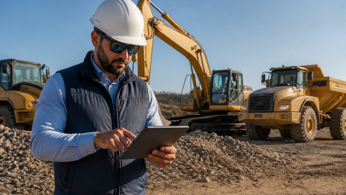 Equipment broker reviewing financing documents on a tablet at a construction site with heavy machinery