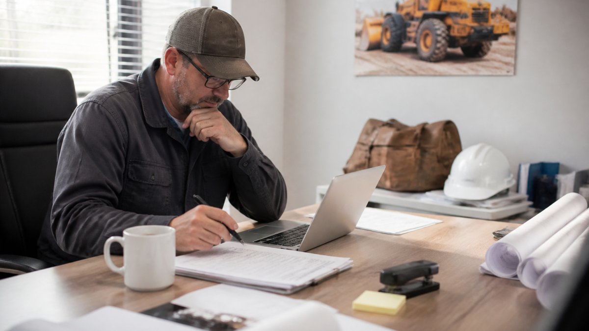 A construction business owner at a desk reviewing equipment financing paperwork on a laptop, with a smartphone showing an approval notification and a coffee cup nearby in a bright office