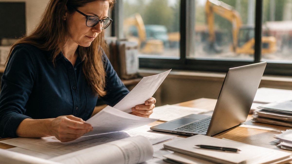 A construction company office manager reviewing invoices and payment schedules at a desk with rolled blueprints and an open laptop, afternoon light through a window