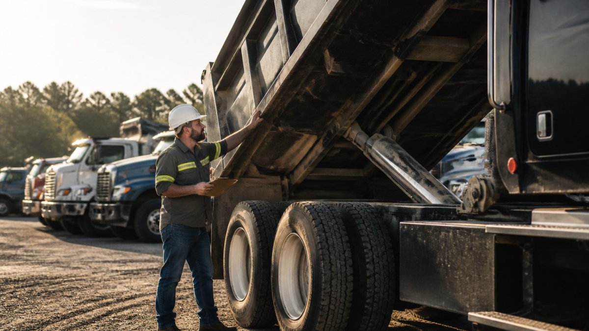 Construction business owner inspecting the dump body and hoist of a used dump truck in an equipment yard.
