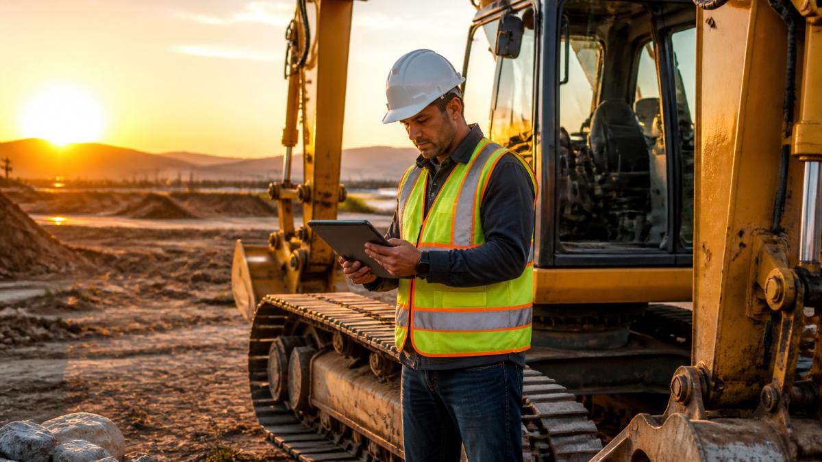 Fleet manager reviewing heavy equipment market financing on a tablet beside an excavator at sunrise